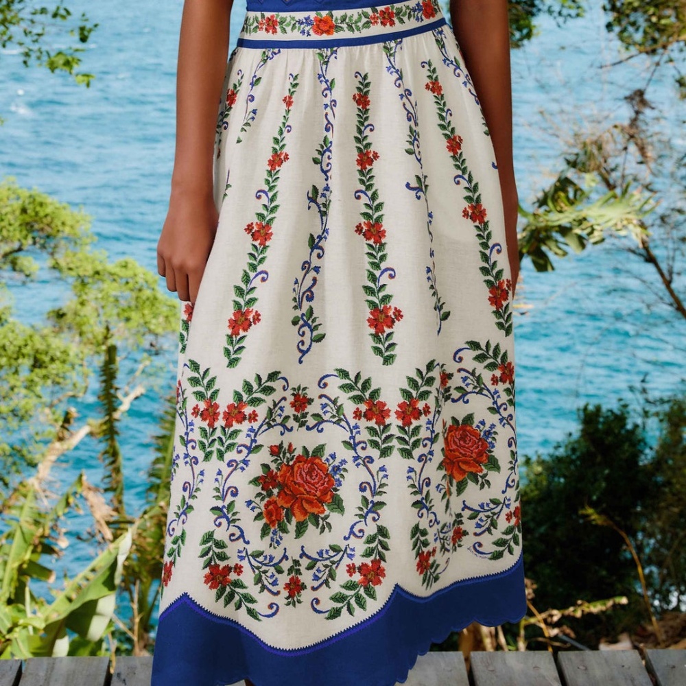 FARM Rio Cream Midi Skirt with Red Floral & Blue Trim - Picture 1 of 7
